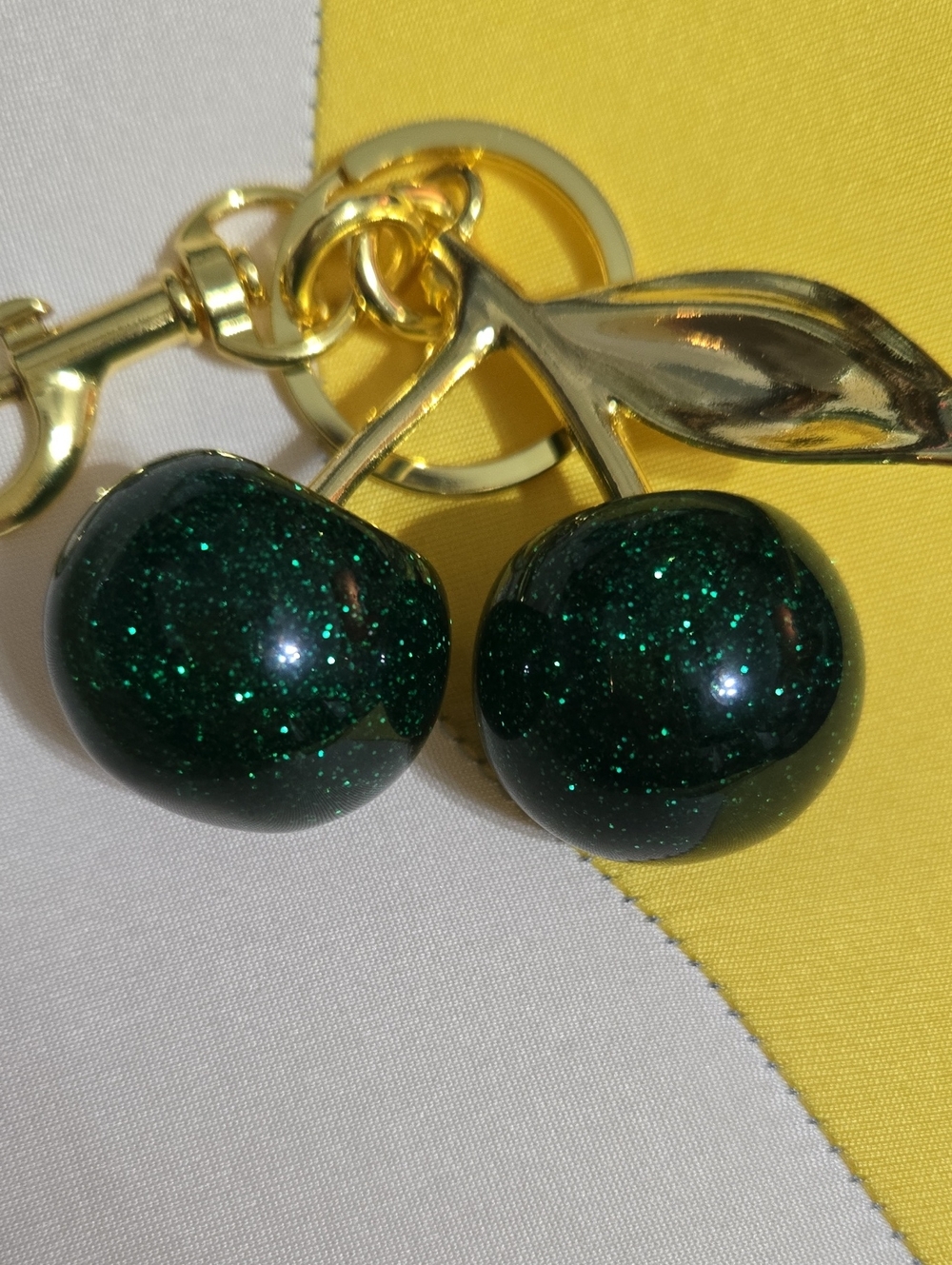 Cherry Keychain/Bag Charm  With Green Glitter Cherry